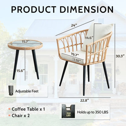 3 Piece Patio Porch Furniture Sets - Outdoor Wicker Chairs Bistro Set w/Cushions & Table for Balcony Lawn Pool Backyard