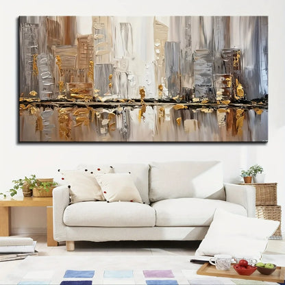 Large modern abstract oil painting, 1.5 inch thick pine frame - elegant Art Deco style - neutral tones with gold accents