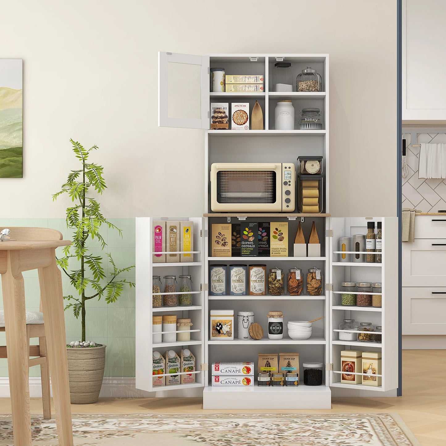 66.5" Tall Kitchen Pantry Storage Cabinet with Microwave Stand White