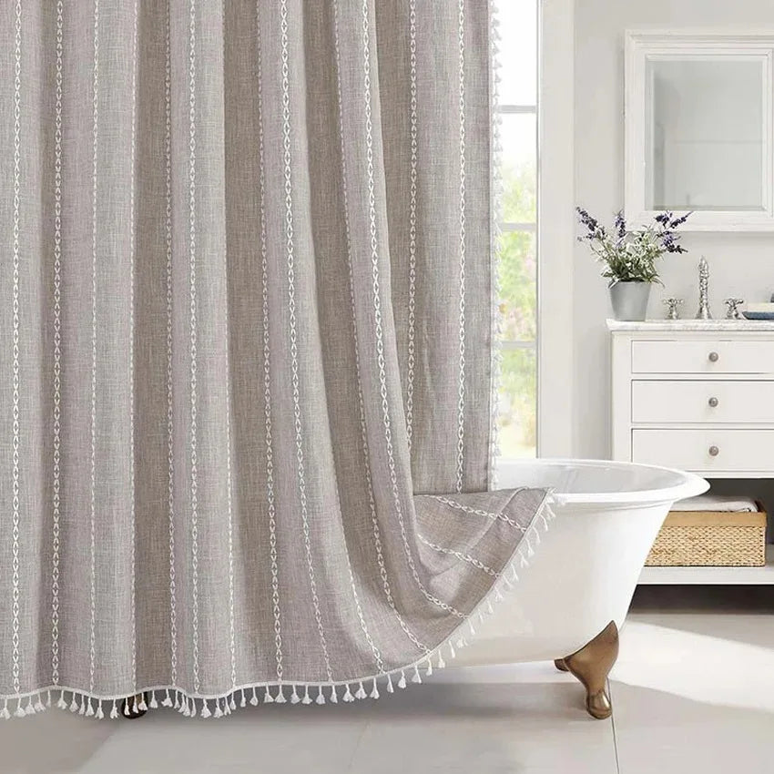 Nordic Jacquard Linen Shower Curtain with Tassels Waterproof Bath Curtains with Hooks for Bathroom Bathtub Bathing Cover