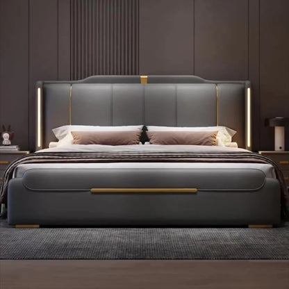 SAT. Luxury modern king soft bed framed leather solid wood double bed with storage for home or hotel bedroom furniture