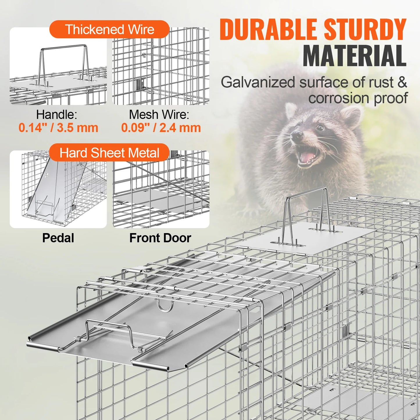 24/31/42/50in Animal Cage Trap Folding Humane Cat Trap Galvanized Iron with Handle for Rabbits Squirrels Groundhogs