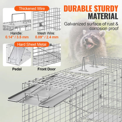 24/31/42/50in Animal Cage Trap Folding Humane Cat Trap Galvanized Iron with Handle for Rabbits Squirrels Groundhogs