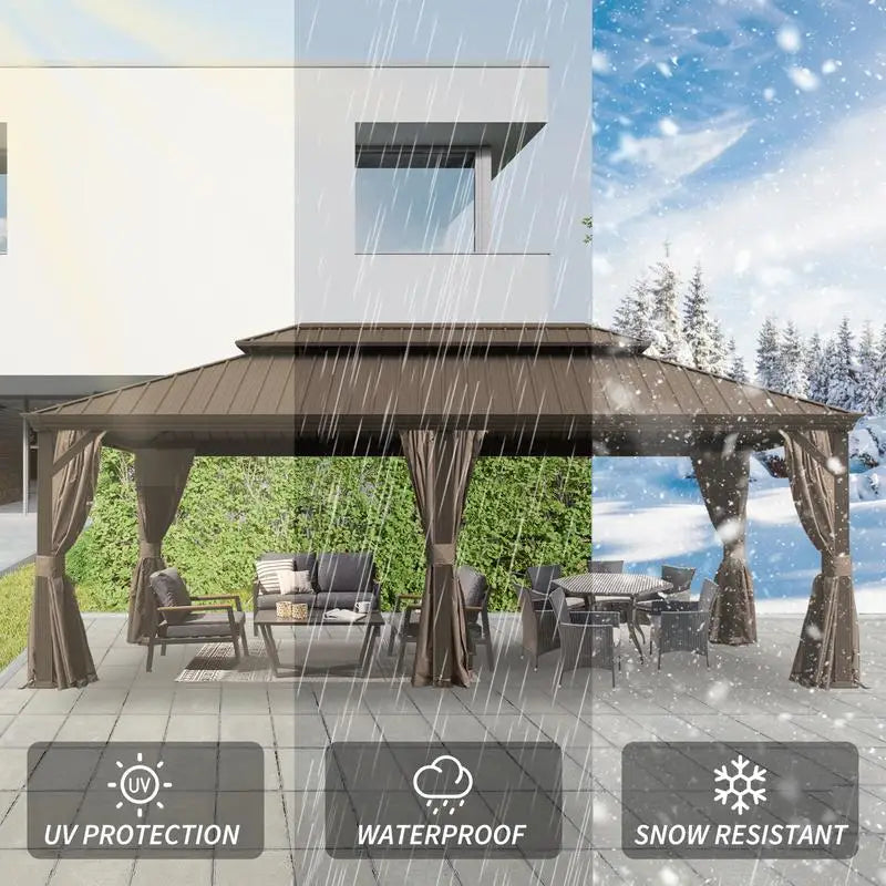 14x24 Hardtop Gazebo, Upgraded Metal Canopy with Drainage, Dual-Layer Galvanized Steel Roof, Includes Curtains & Netting,