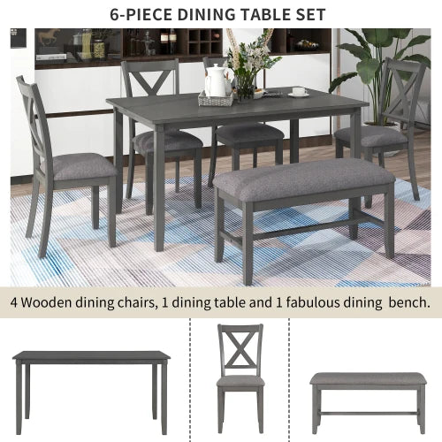 6-pc Dining Table Set Wooden Rectangular Dining Table, 4 Fabric Chairs and Bench Family Furniture (Gray)