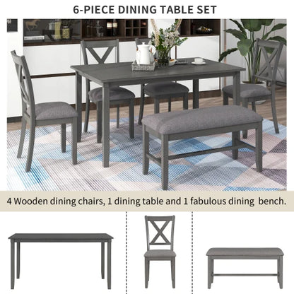 6-pc Dining Table Set Wooden Rectangular Dining Table, 4 Fabric Chairs and Bench Family Furniture (Gray)