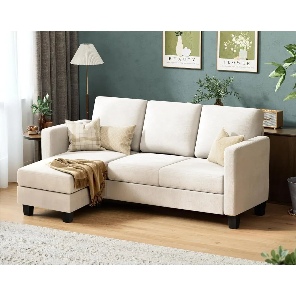Convertible Sectional Sofa Couch, 3 Seat L-Shaped Sofa with Linen Fabric Ottoman
