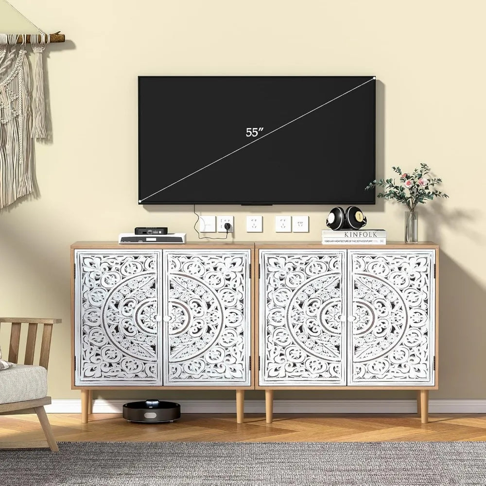 Accent Cabinet with 2 Doors, Carved Decorative Sideboard with Adjustable Shelf, Free-Standing Wood  Cabinet for