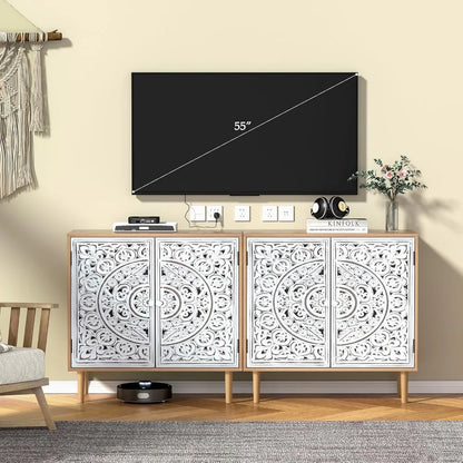 Accent Cabinet with 2 Doors, Carved Decorative Sideboard with Adjustable Shelf, Free-Standing Wood  Cabinet for