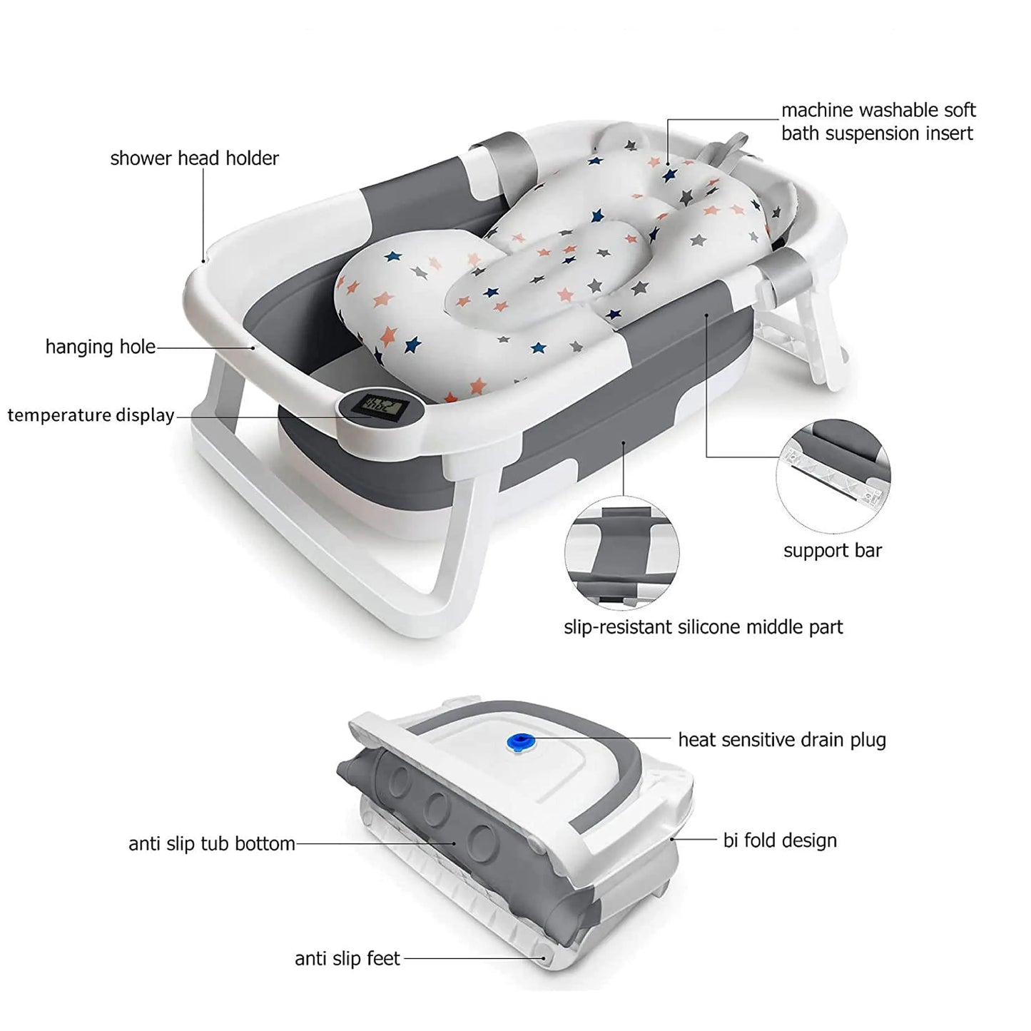 Eco-friendly Baby Bath with Temperature Indicator,Foldable Baby Bathtub for Newborn Baby