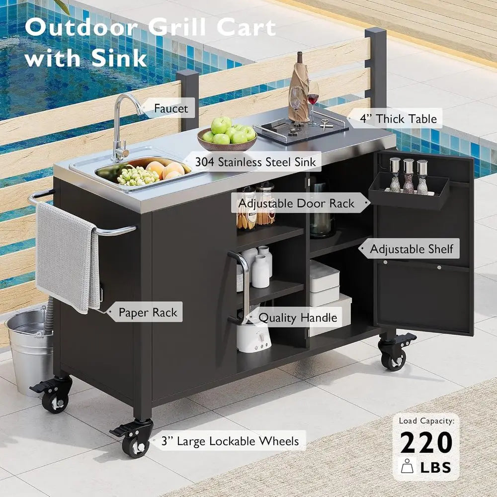 55.5" Outdoor Kitchen Island, Metal Grill Cart Table with 304 StainlSteel Sink, Outdoor Bar Cart Sink Station with 4 Lockable Wh
