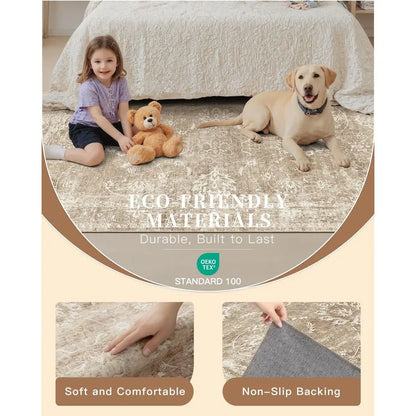 8x10 Area Rugs for Living Room, Machine Washable Vintage Natural Rug with NonSlip Backing, Soft Large Throw Rug, Thin Carpet for