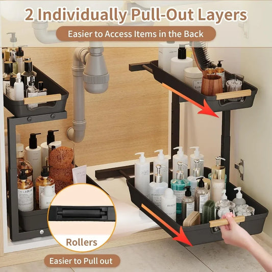 4 Pack Under Sink Pull Out Organizer,2 Tier, Adjustable Under Kitchen Sink  and bath kitchenOrganizer And Storage