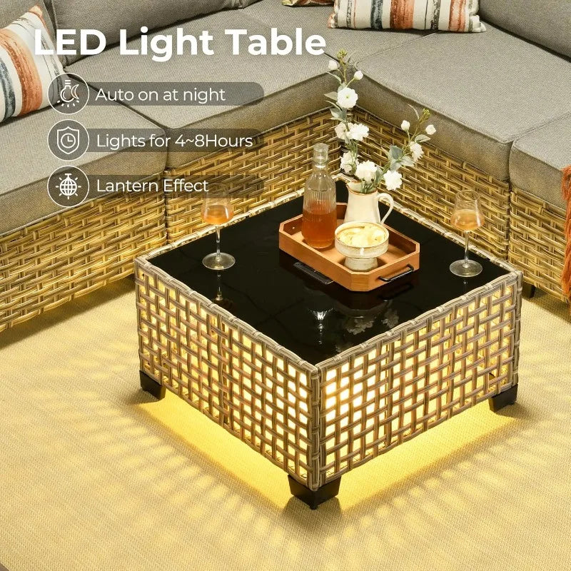 Outdoor Sectional Patio Furniture Set with Fire Pit Table,13 Pieces Wicker Conversation Sets L Shaped Couch,Extra Deep