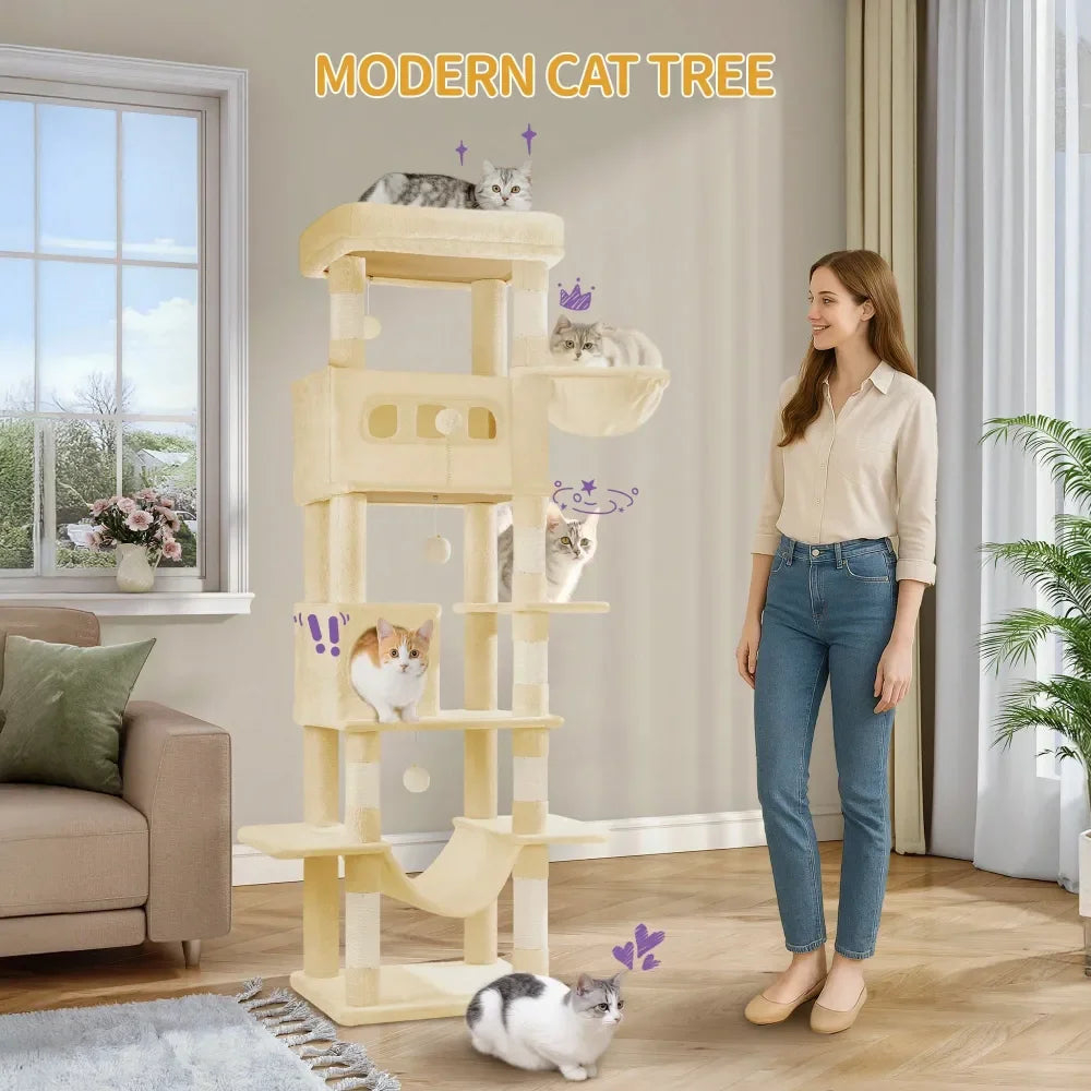 Cat Tree, 67 Large Tall Cat Tower For Indoor Cats, MultiLevel Cats House With Condo, 8 ching Posts, Hammock, 4 Pom Poms, B