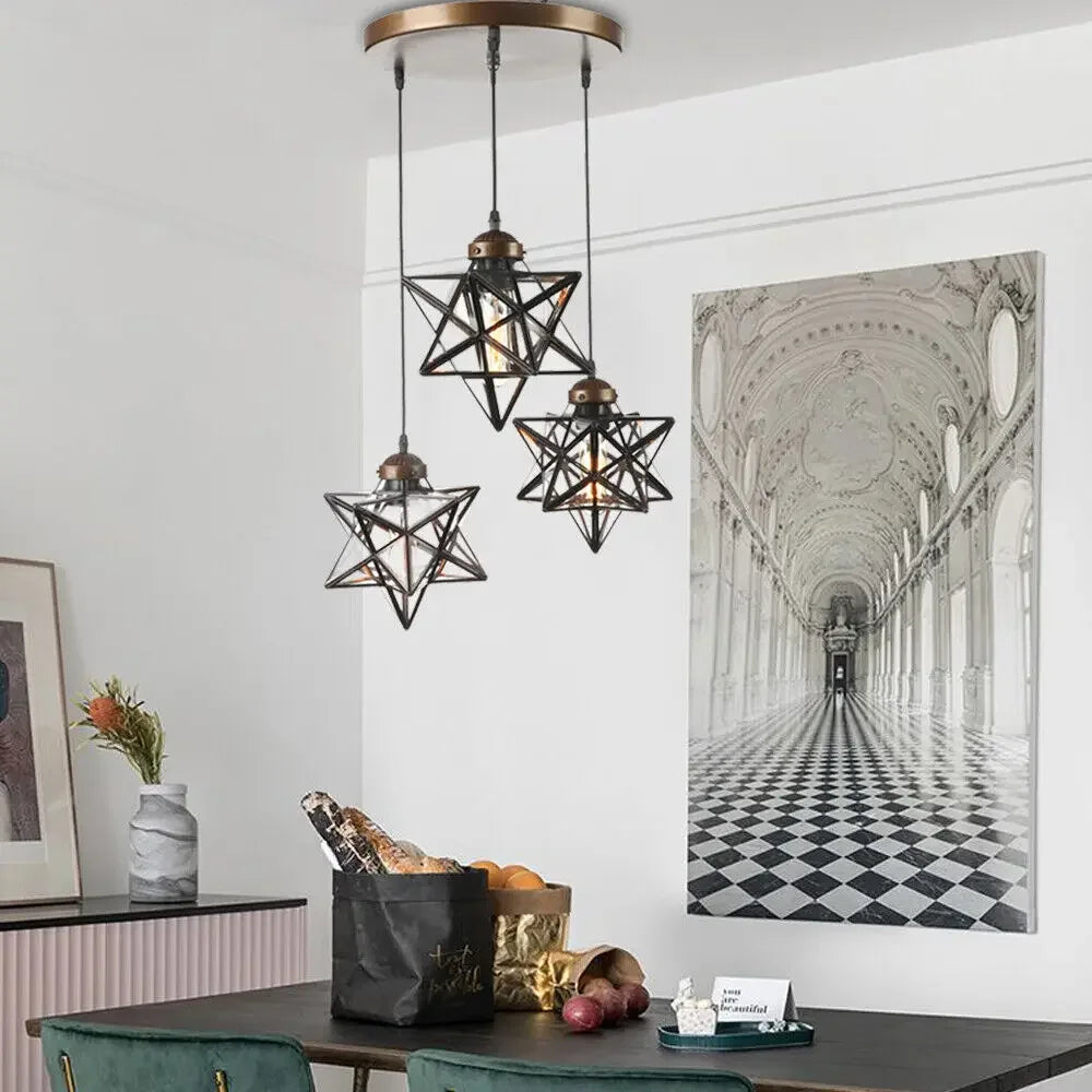 3-Light Moravian Star Pendant Chandelier Clear Glass Shade Adjustable Height 80cm Cord for Kitchen Island Living Room