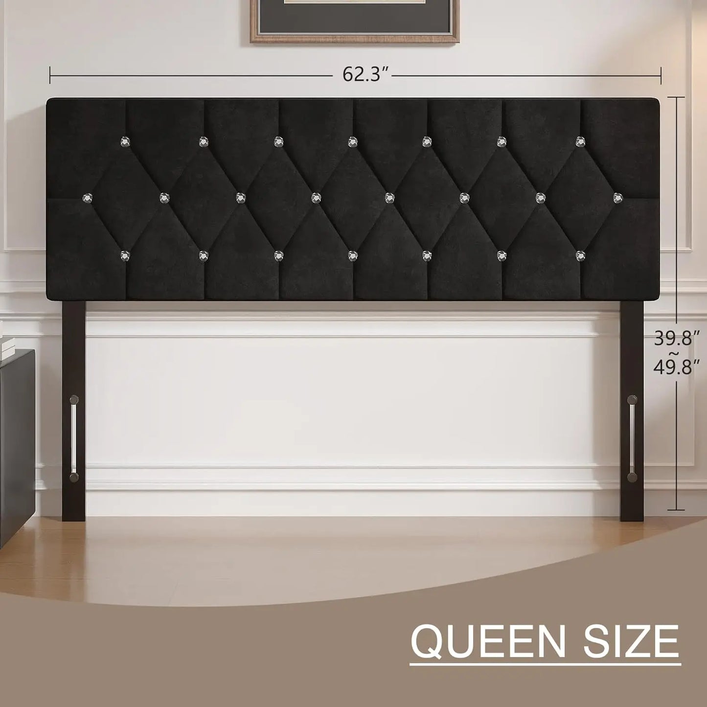 Queen Size Tufted Upholstered Headboard, Adjustable Height 39.8" to 49.8", Diamond Button Design, Easy Assembly in Classic Black