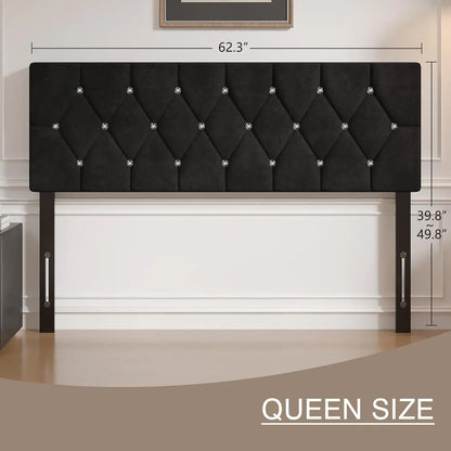 Queen Size Tufted Upholstered Headboard, Adjustable Height 39.8" to 49.8", Diamond Button Design, Easy Assembly in Classic Black