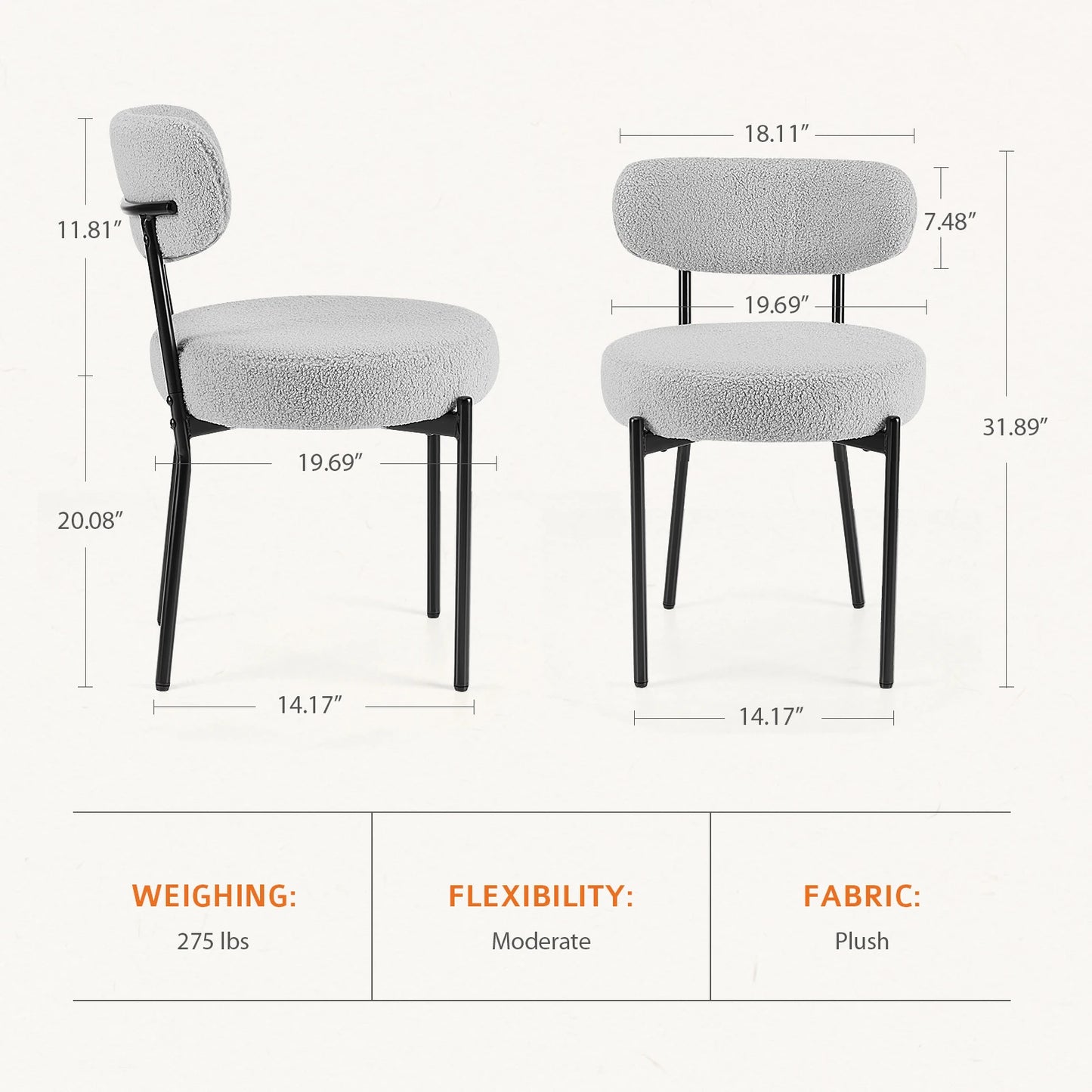 Ergonomic Round Dining Chairs Set of 2 Plush Fabric Kitchen Chairs with Curved Backrest Metal Legs For Living Room