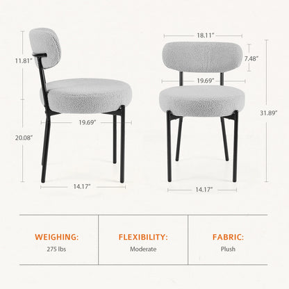 Ergonomic Round Dining Chairs Set of 2 Plush Fabric Kitchen Chairs with Curved Backrest Metal Legs For Living Room