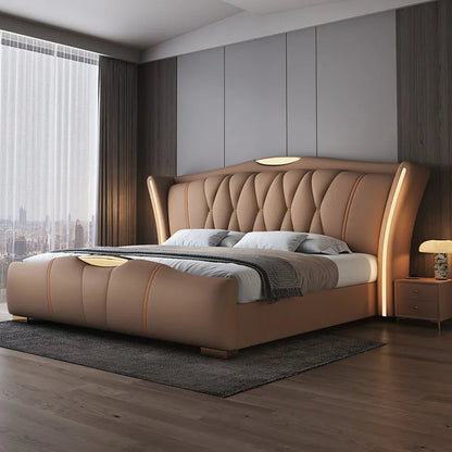 Leather bed with light modern minimalist lit 150x200 180x200 200x220 cm Double bed 2 people bedroom beds frames Furniture