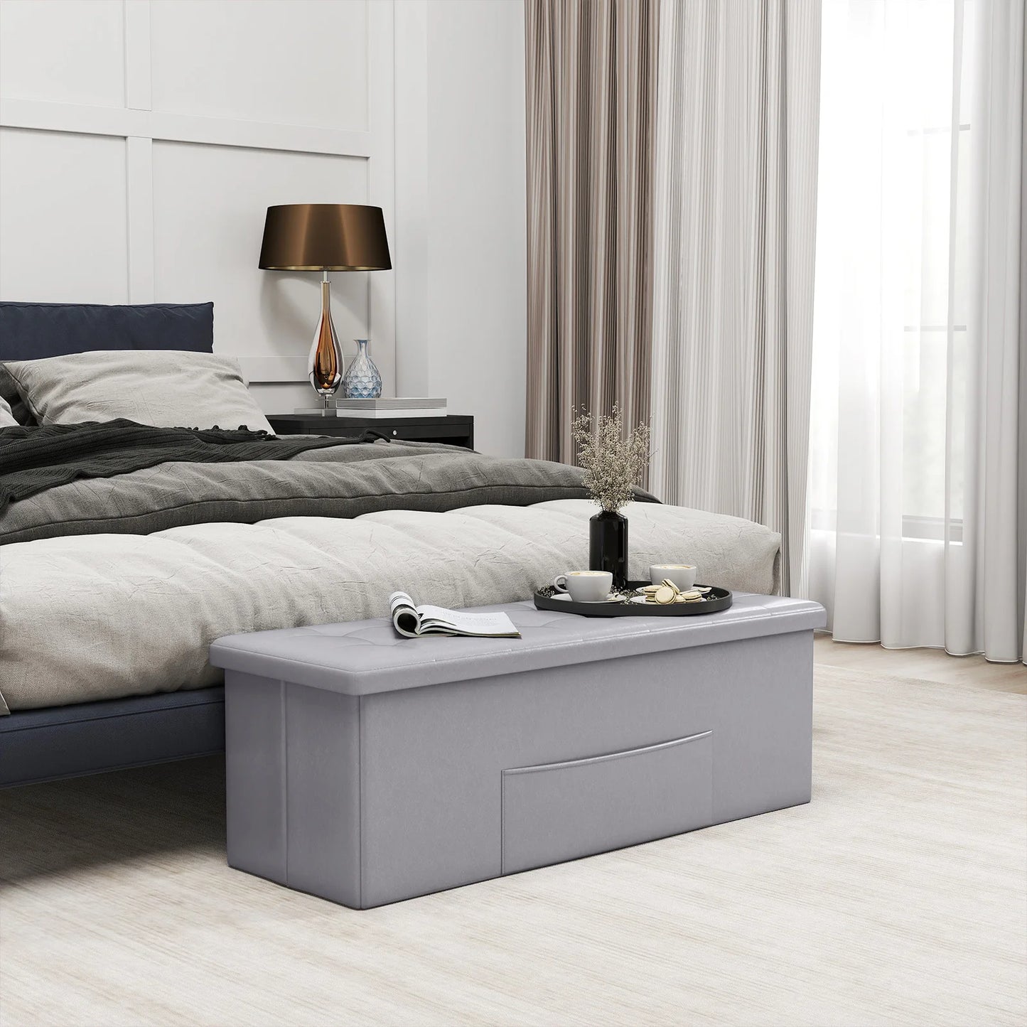 43 Inches Folding Storage Ottoman Bench with Side Pocket Storage Chest