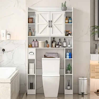Over The Toilet Storage Cabinet, Farmhouse Toilet Cabinet Rack with 3 Barn Doors, Space Saving Bathroom Organizer with Shelves,