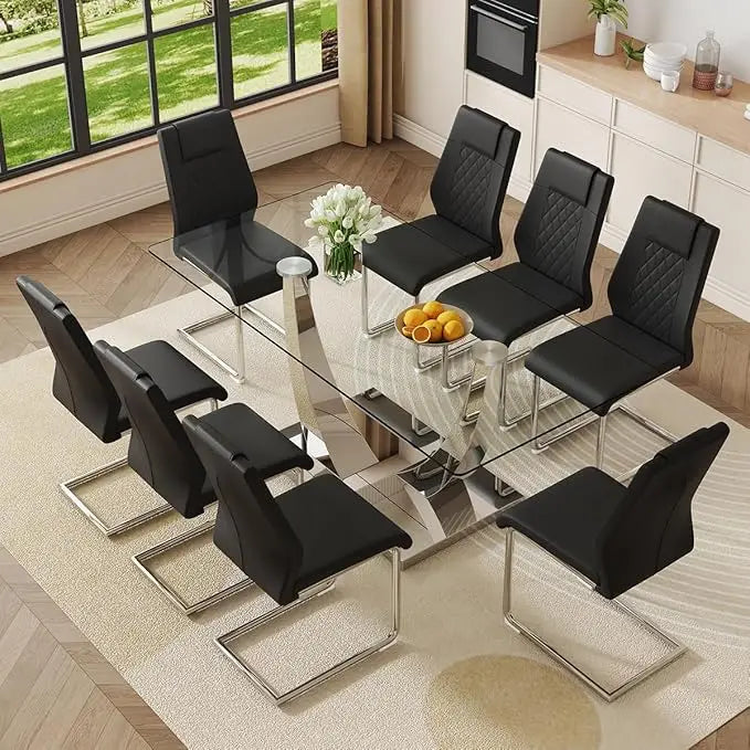 Glass Dining Table Set for 6, Modern Kitchen Table Set for 6, 71" Tempered Glass Tabletop with U-Shaped Gold Base, 7 Ppiece