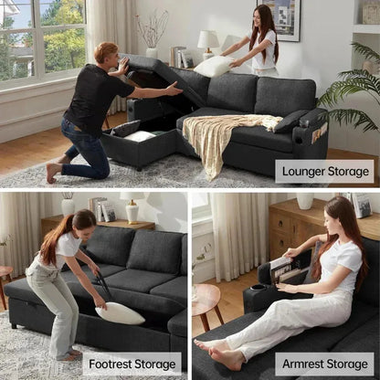 Sleeper Sofa Pullout Bed for Living Room.L Shaped Couch with Storage Chaise.USB.Cup Holder (Dark G