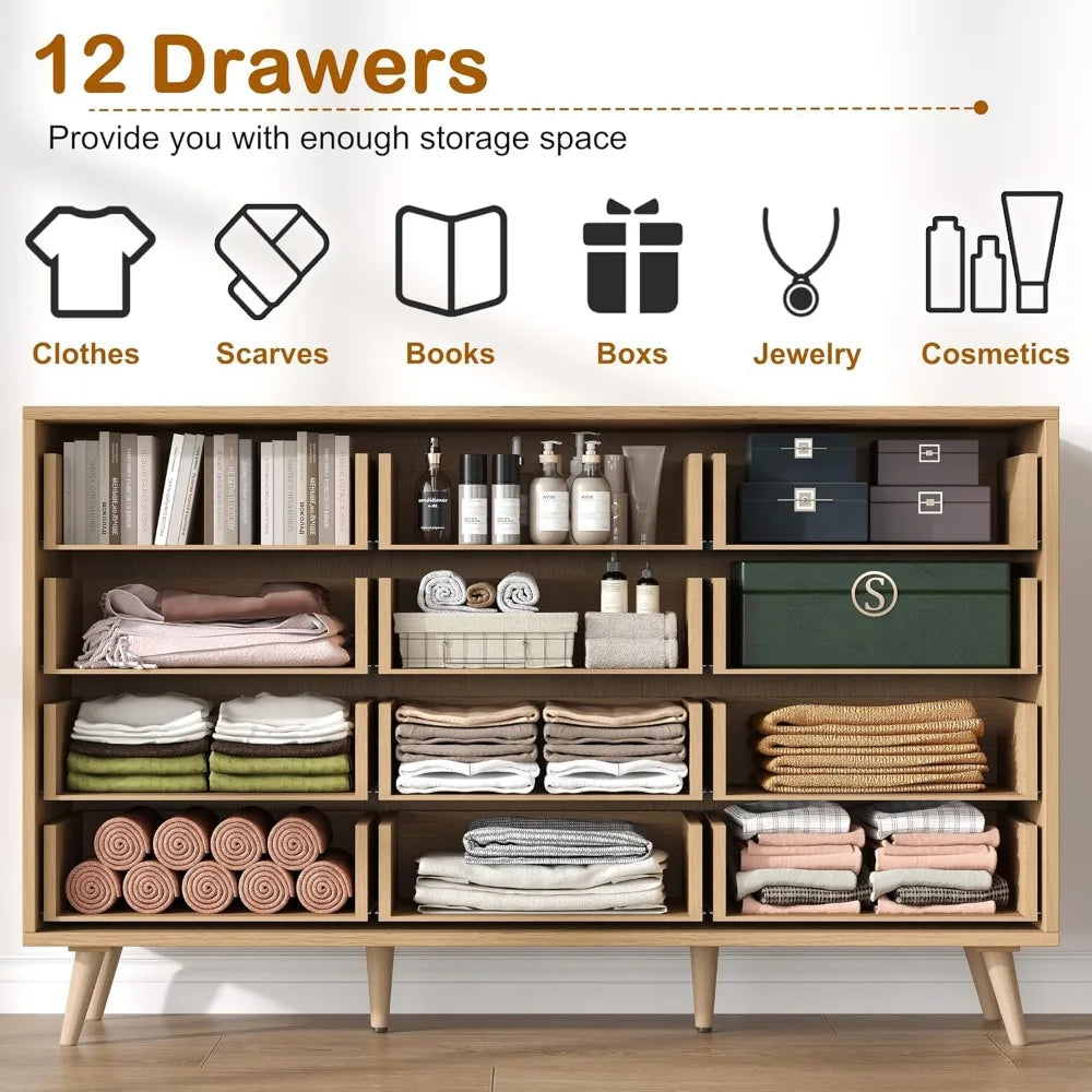12 Drawer Double Dresser for Bedroom, Rattan Chest of Dressers, Modern Wooden Dresser Chest with Golden Handles