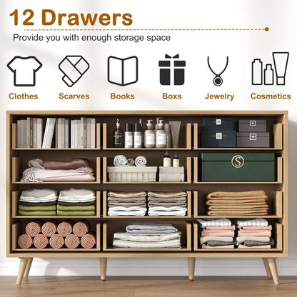 12 Drawer Double Dresser for Bedroom, Rattan Chest of Dressers, Modern Wooden Dresser Chest with Golden Handles