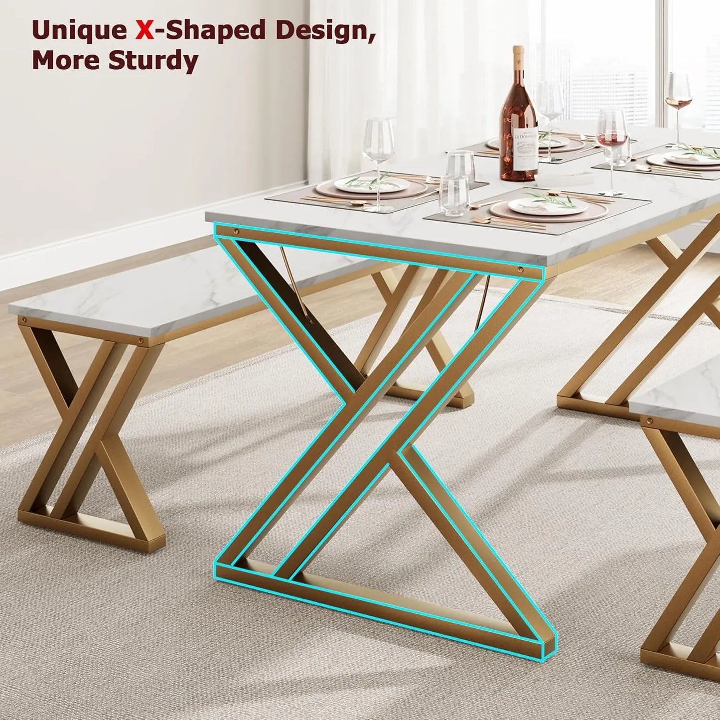 Kitchen Table Set for 4 with 2 Benches Space Saving Dining Table & Benches, Sturdy Metal Frame Dinette Set for Dining Room Gold
