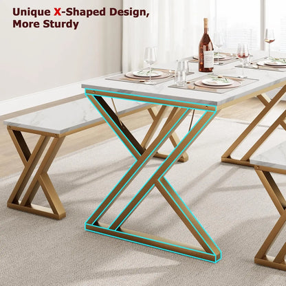 Kitchen Table Set for 4 with 2 Benches Space Saving Dining Table & Benches, Sturdy Metal Frame Dinette Set for Dining Room Gold