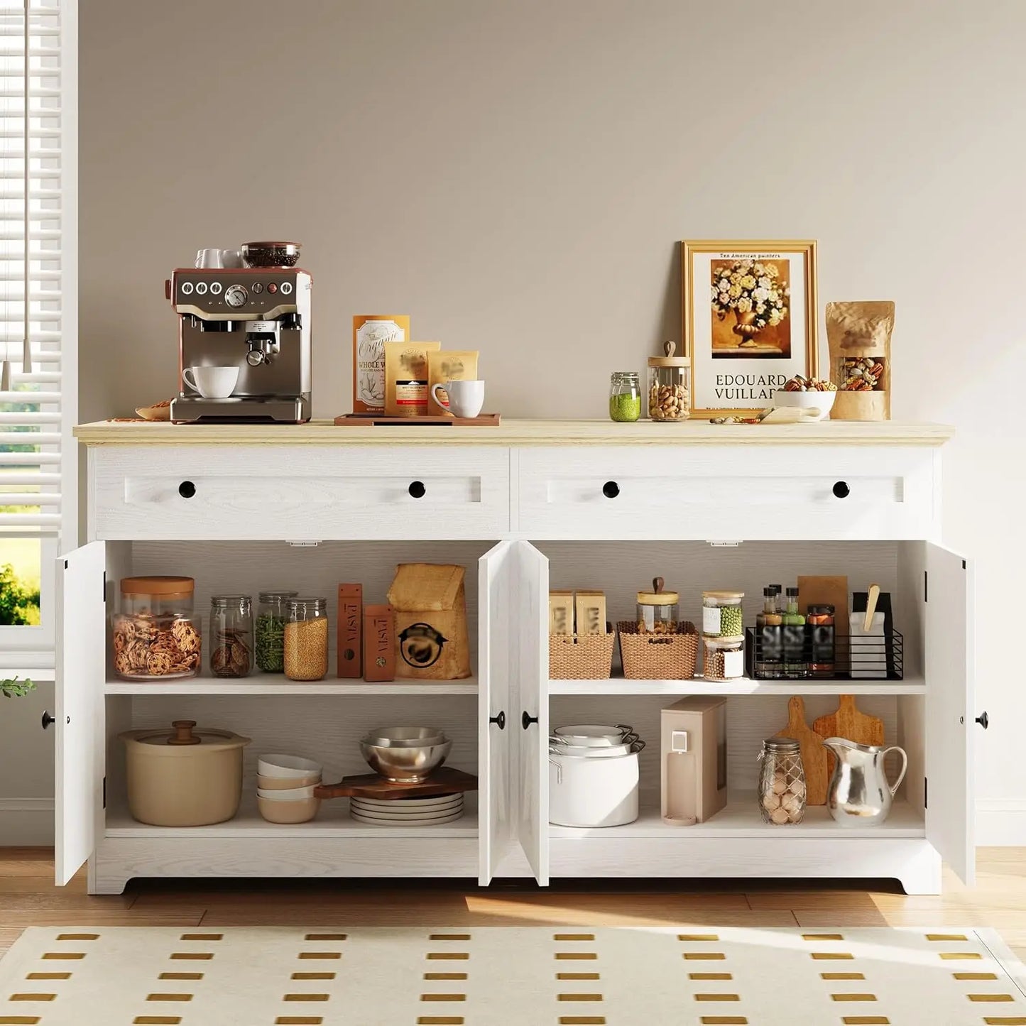 Buffet Cabinet with Storage, Sideboard Storage Cabinet,  Natural Wood, Kitchen Cabinet with Drawers & Doors, White