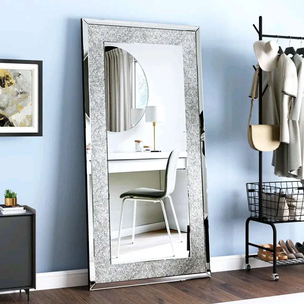 Large Silver Sparkly Crystal Rhinestone Diamond Frameless Vanity Mirrors Wall Mounted Dressing Mirror for Home