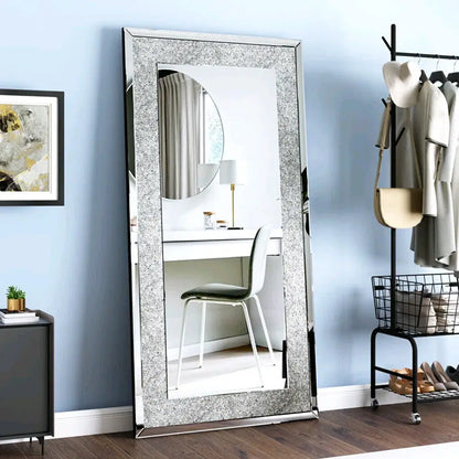 Large Silver Sparkly Crystal Rhinestone Diamond Frameless Vanity Mirrors Wall Mounted Dressing Mirror for Home
