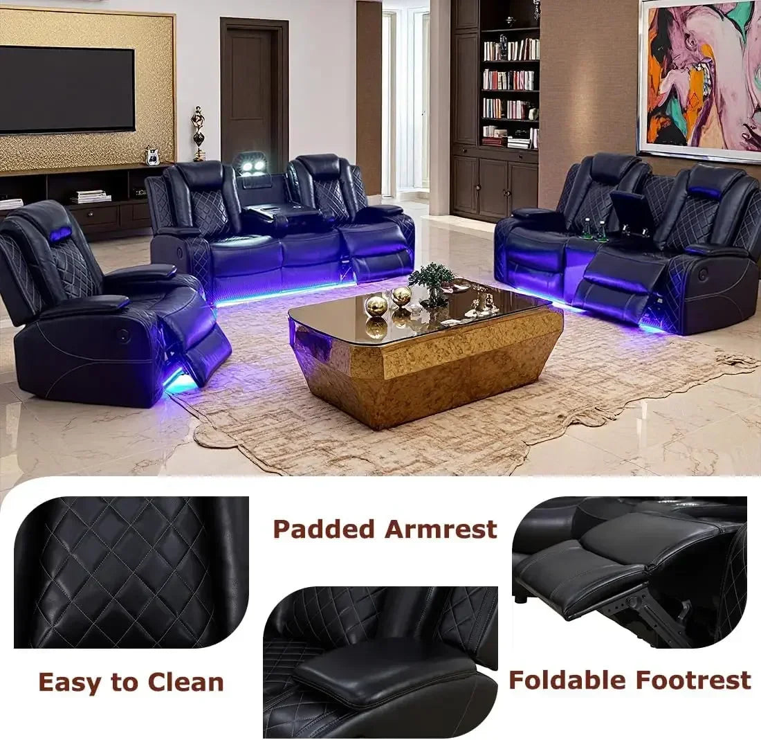 Hot salesPower Recliner Sofa Set, Black Leather 3 Pieces Sectional Couch, Living Room Furniture Sets with LED Light, Modern Powe