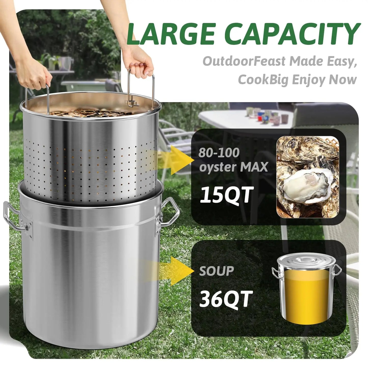 36/53/74QT Stainless Steel Seafood Boil Pot with Lid,Crab, Lobster, Shrimp Boil Stock with Strainer, Turkey Fryer Pot, Stock Boiler Deep,Fried Cooker for Commercial Outdoors