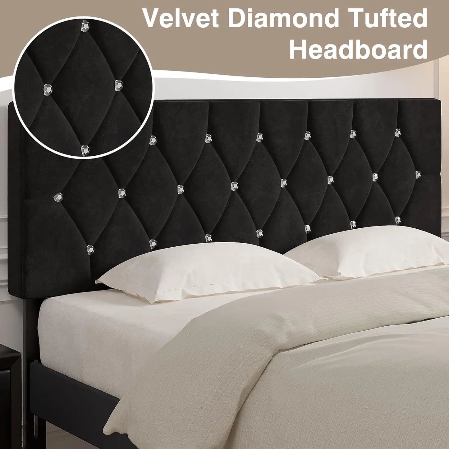 Queen Size Tufted Upholstered Headboard, Adjustable Height 39.8" to 49.8", Diamond Button Design, Easy Assembly in Classic Black