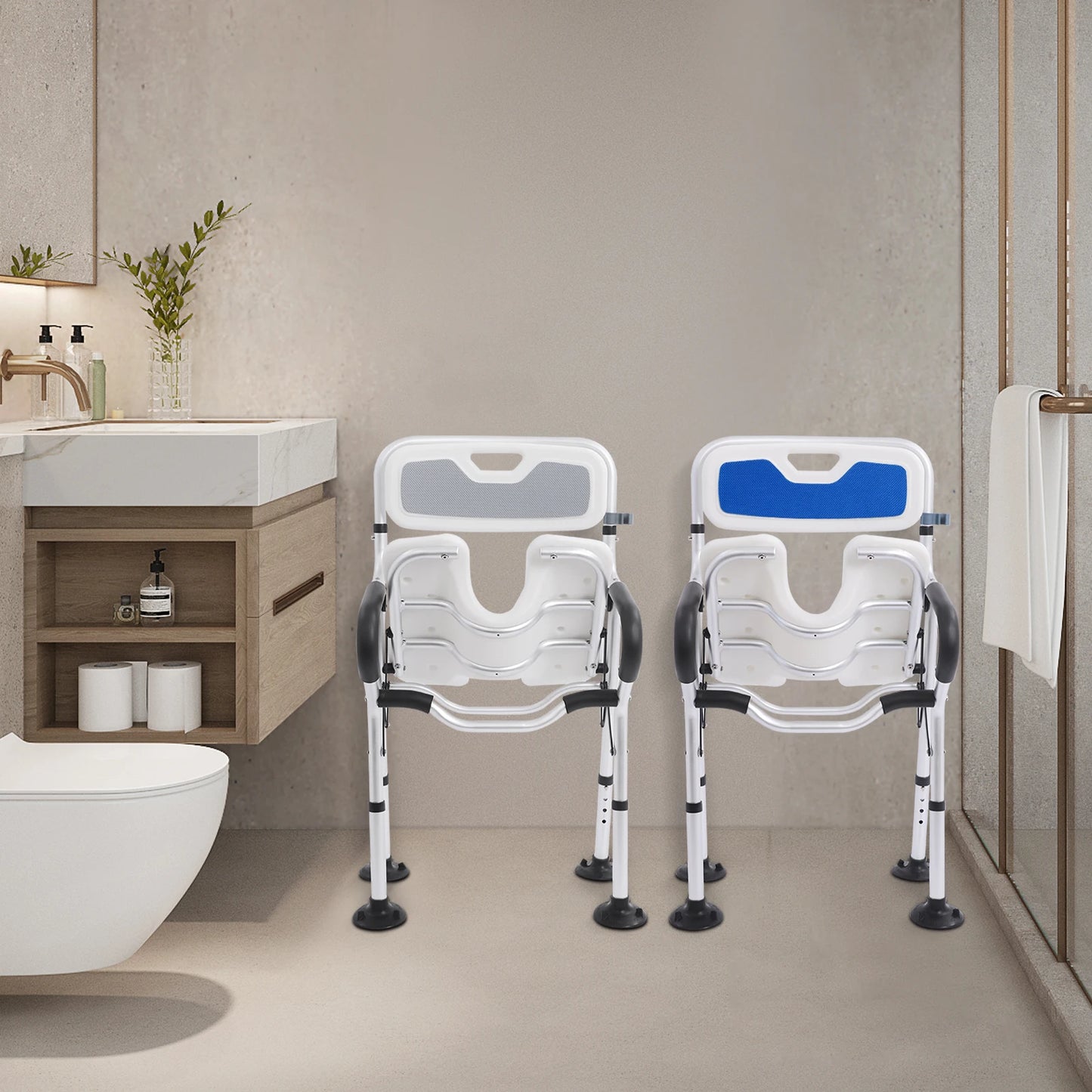 Heavy Duty Shower Chair U Shape Seat Foldable Shower Chair for Private Washing Elderly and Disabled Adjustable Height 72-79cm