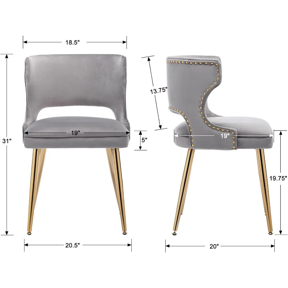 Grey Velvet Dining Chairs with Gold Legs Upholstered Dining Room Chairs Set of 2 Mid Century Modern Accent Chairs with Back Nail