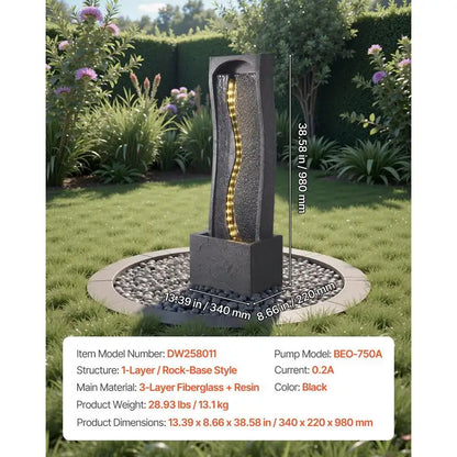 Standing Cascading Stream 38.58-inch Height For Garden Home Backyard, Rock Base Style Waterfall LED Light Water Pump Floor Decor Outdoor Indoor Ornament