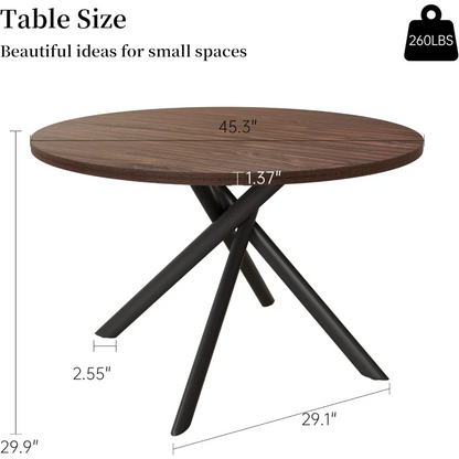 45.3 Inch Modern Round Dining Table for 4, Space-Saving Dinette with Carbon Steel Legs for Apartment(Walnut Table)
