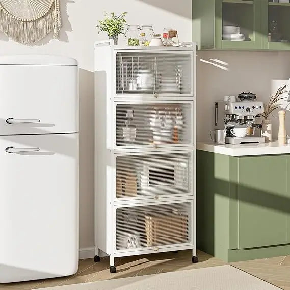 5-Tier Mobile Kitchen Storage Cabinet, Flip Door Cabinets, Bread Rack, Coffee Stand, Bakers Rack with 4 Lockable Casters for Di