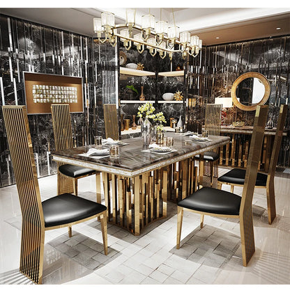 Luxury Marble Dining Table Set with Gold Stainless Steel Frame, Dining Room Table with Sea Shell and High-Back Chairs