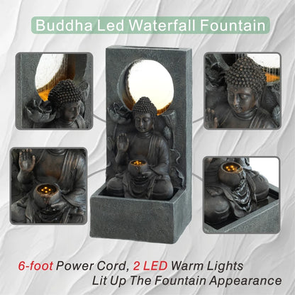 28" H Outdoor Buddha Waterfall Fountain, Freestanding Relaxing Water Feature, Asian Zen Fengshui Decor for Patio, Garden, Backyard, Deck & Home, Ideal Gift Led Fountain