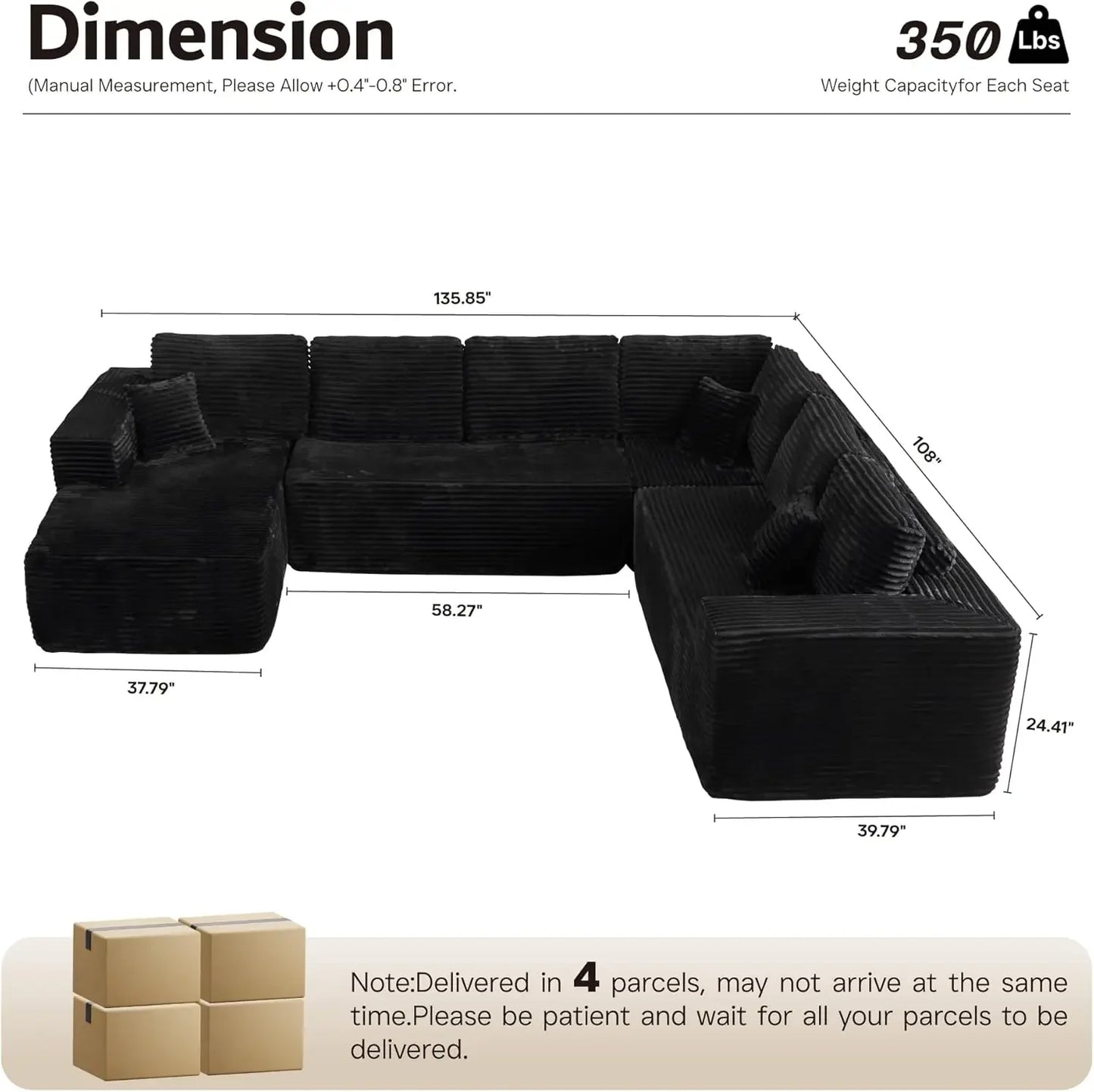 U Shaped Sofa Boneless Couch with Chaise 135" Cloud Modular Sectional Couch for Living Room Big Comfy Couches Set  furniture