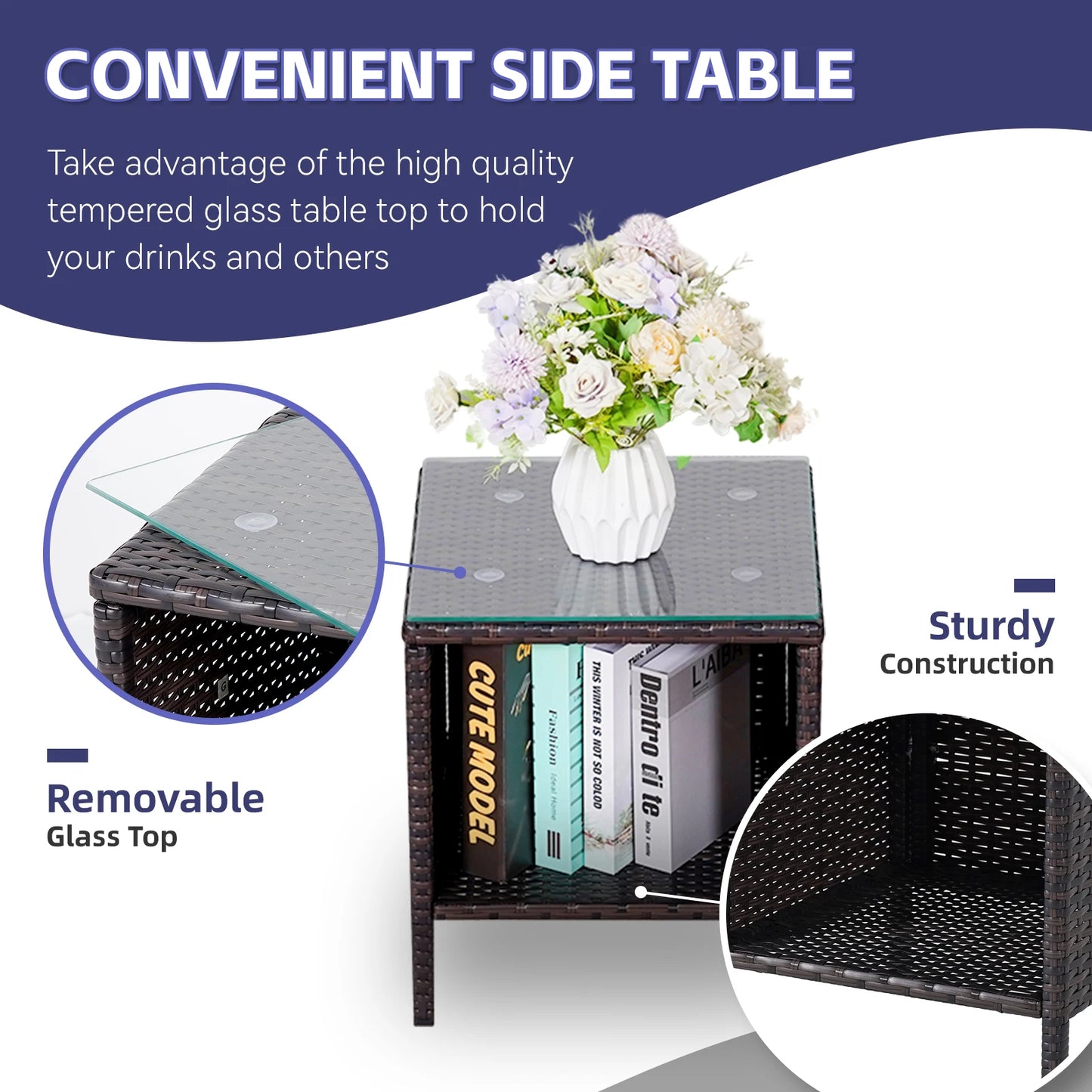 3-Piece Bistro Set Outdoor Patio Furniture Rattan Chairs Table Soft Cmats Tempered Glass Durable Comfortable Garden