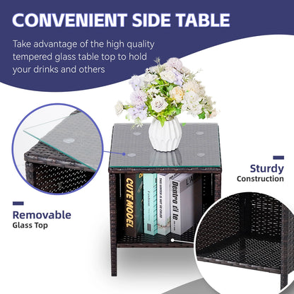 3-Piece Bistro Set Outdoor Patio Furniture Rattan Chairs Table Soft Cmats Tempered Glass Durable Comfortable Garden