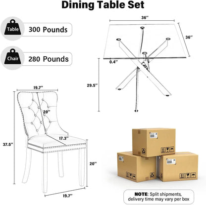 5 Piece Silver Luxury Glass Dining Set, Modern Minimalist  Table Set for 4, 36'' Clear Square Glass Top Dining Room Set